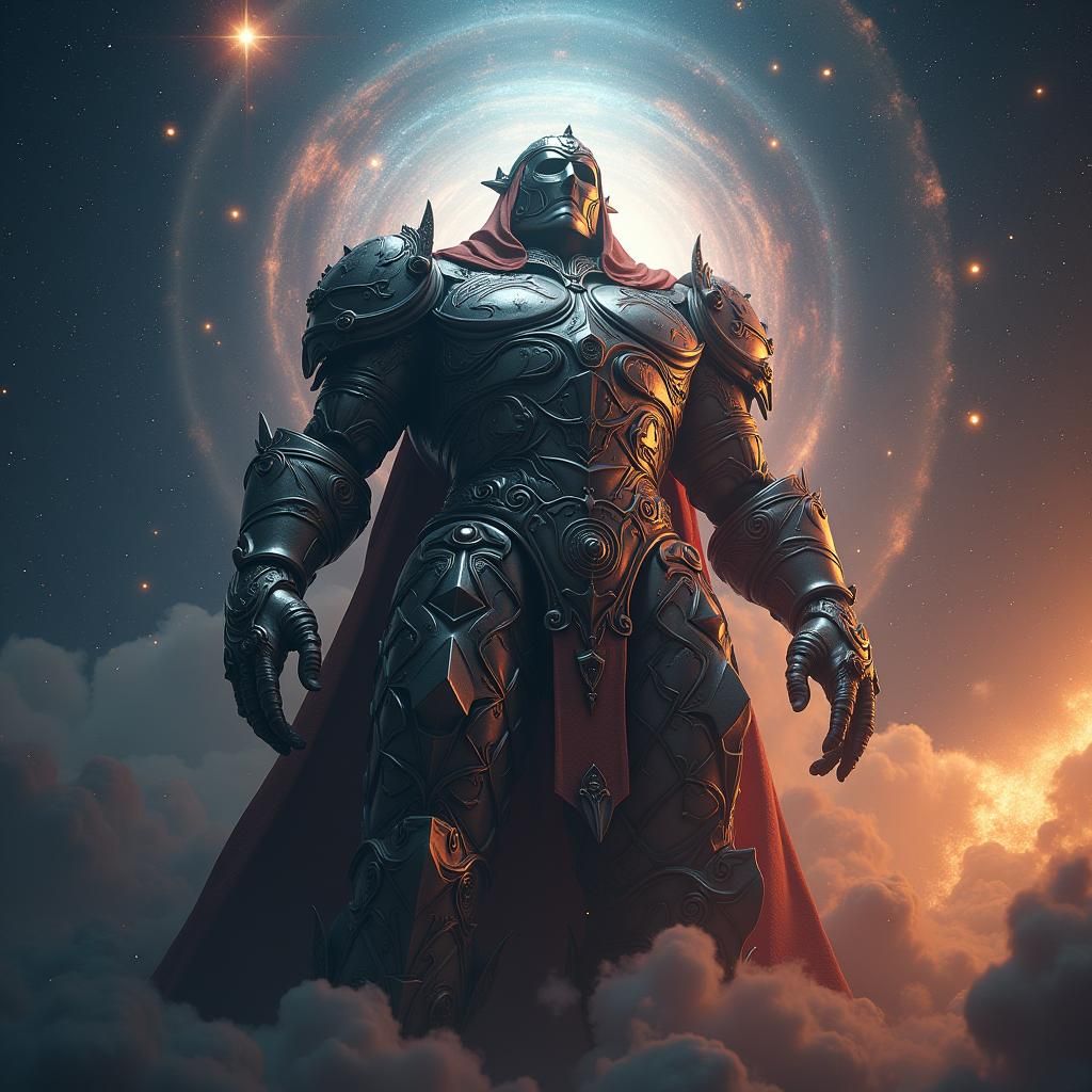 Heroic Armored Figure in Starry Galaxy