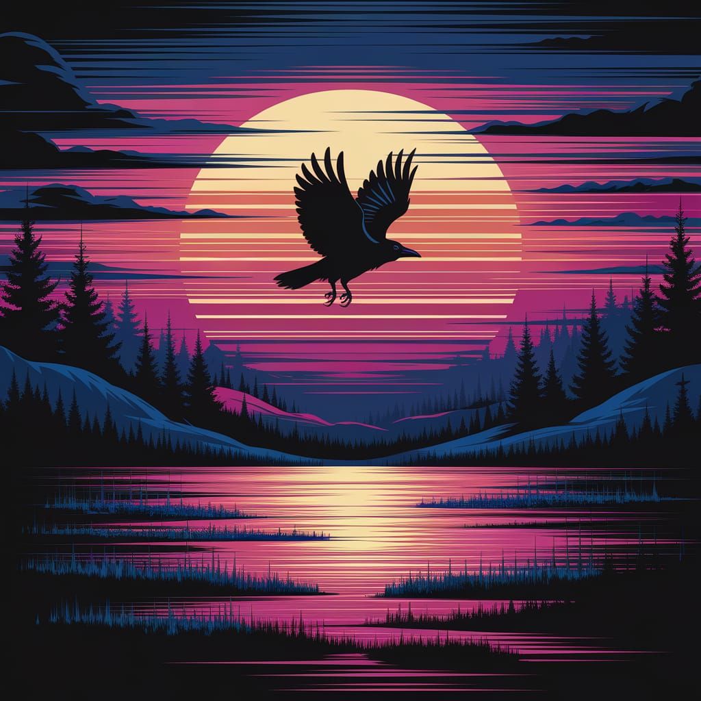 Vivid Sunset Striped Landscape with Raven in Flight