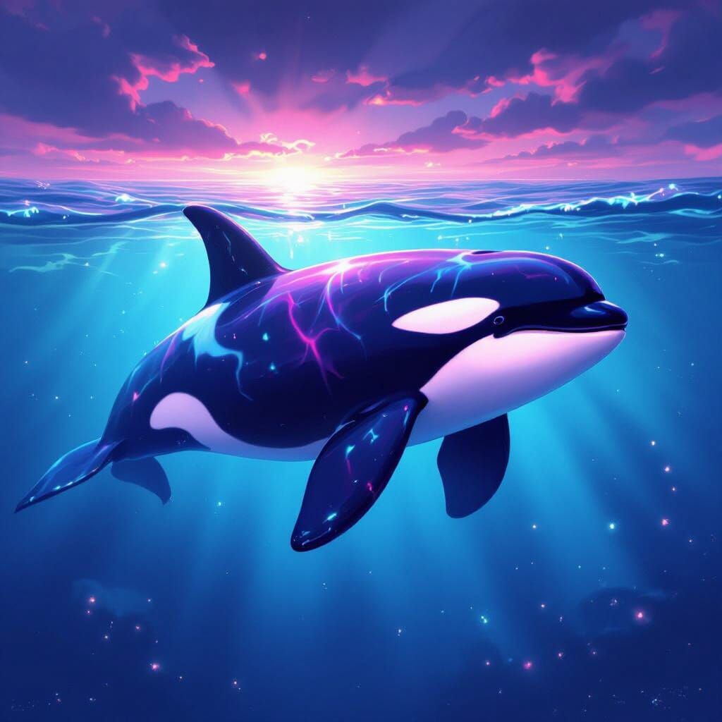 Iridescent Purple Orca Swims in Bioluminescent Ocean