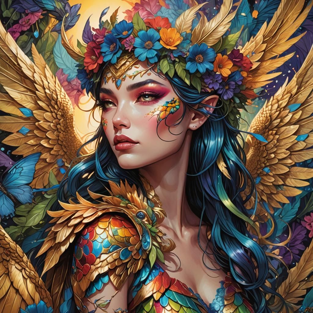 Dragon Woman with Rainbow Wings in Comic Art