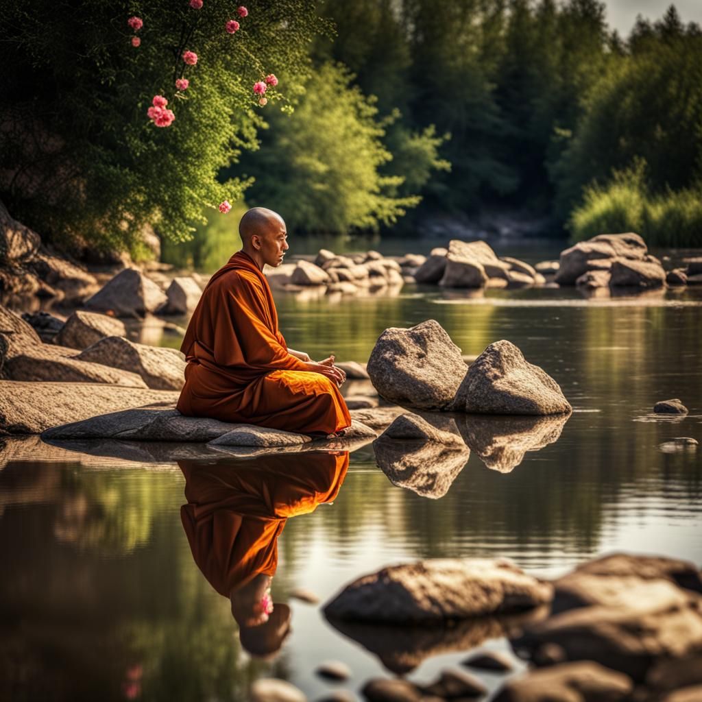 Meditating Monk on Riverbank in Hyperrealistic Style
