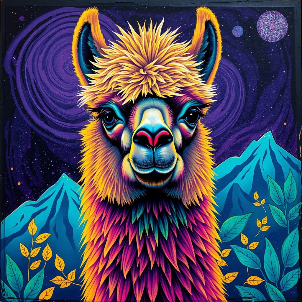 Llama as a Cosmic Symbol of Resilience in Vibrant Acrylic