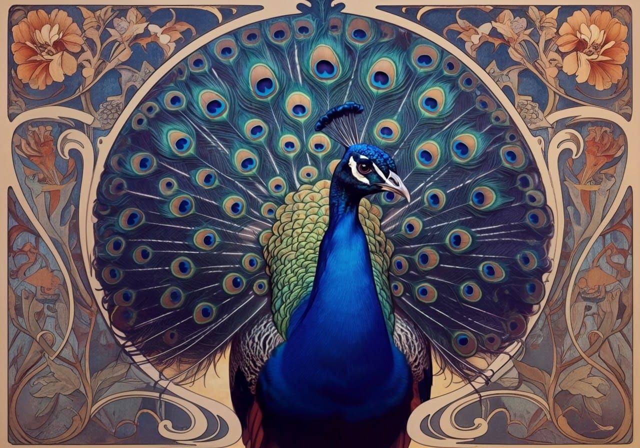 Peacock Art Nouveau Illustration in Mucha Style