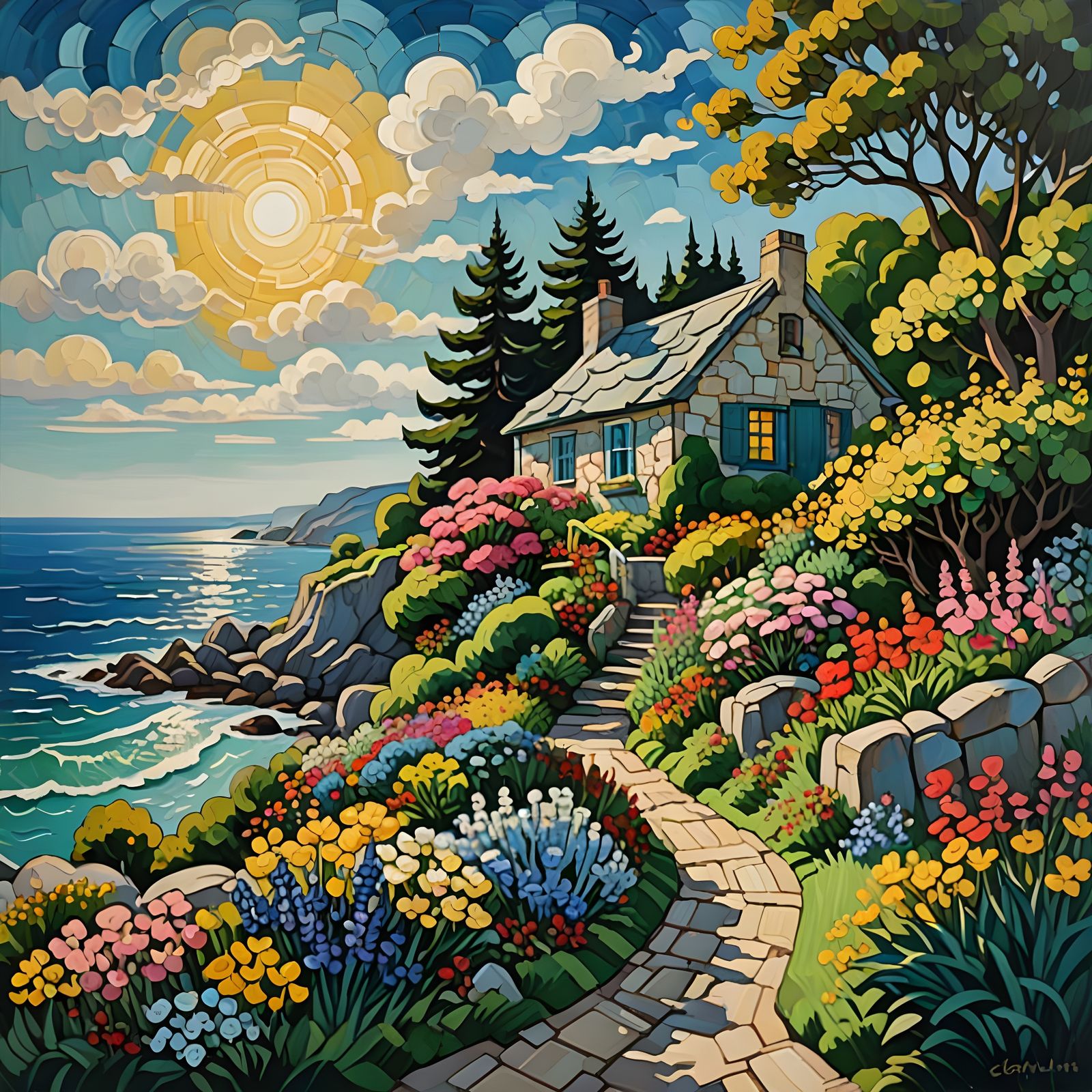 A quaint cottage nestled among blooming gardens, with vibrant flowers and lush greenery, sitting on a rocky cliff overlo...