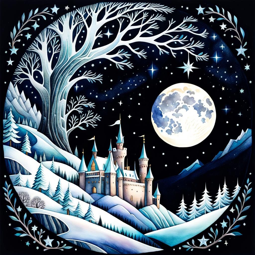 Winter Moonscape Castle in Art Brut Watercolor Style