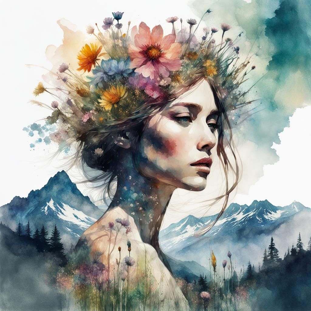 Goddess of Light in Flower Meadow: Surreal Collage