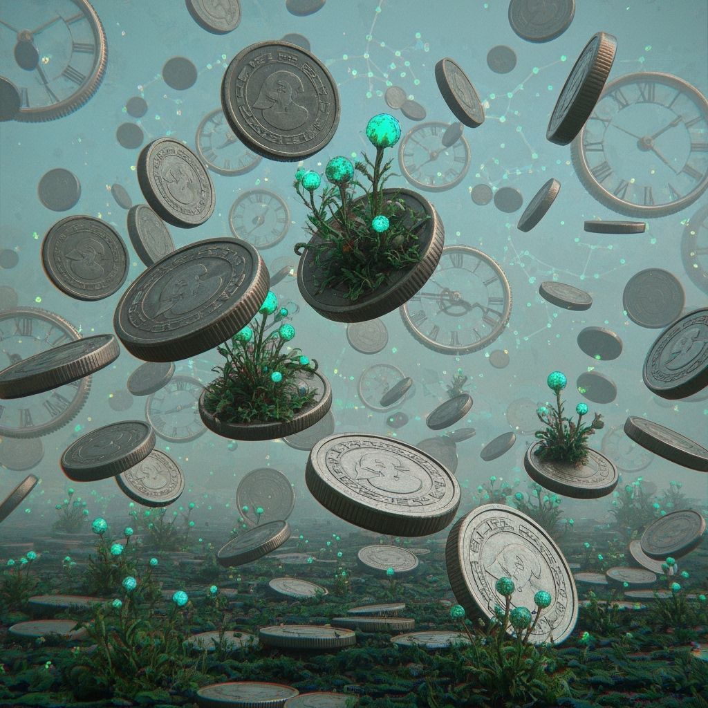 Surreal Dreamscape of Giant Coins and Bioluminescent Flora