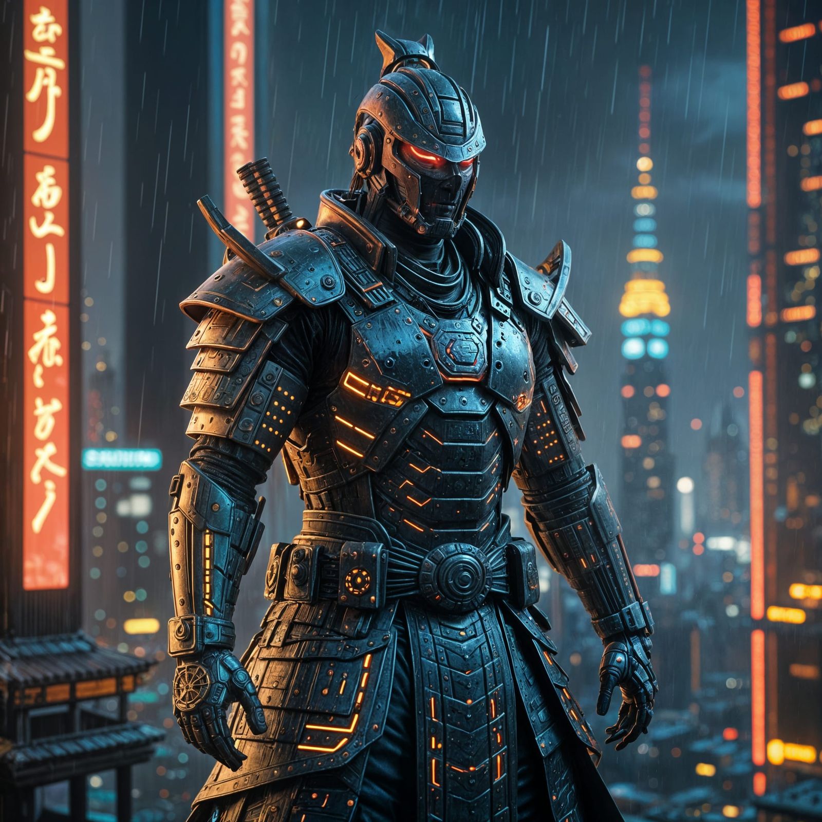 Cyborg Samurai Warrior Overlooking Cyberpunk City