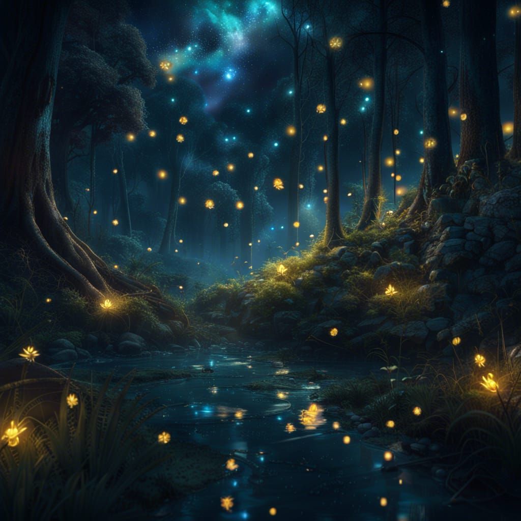 Enchanted Forest at Night with Fireflies