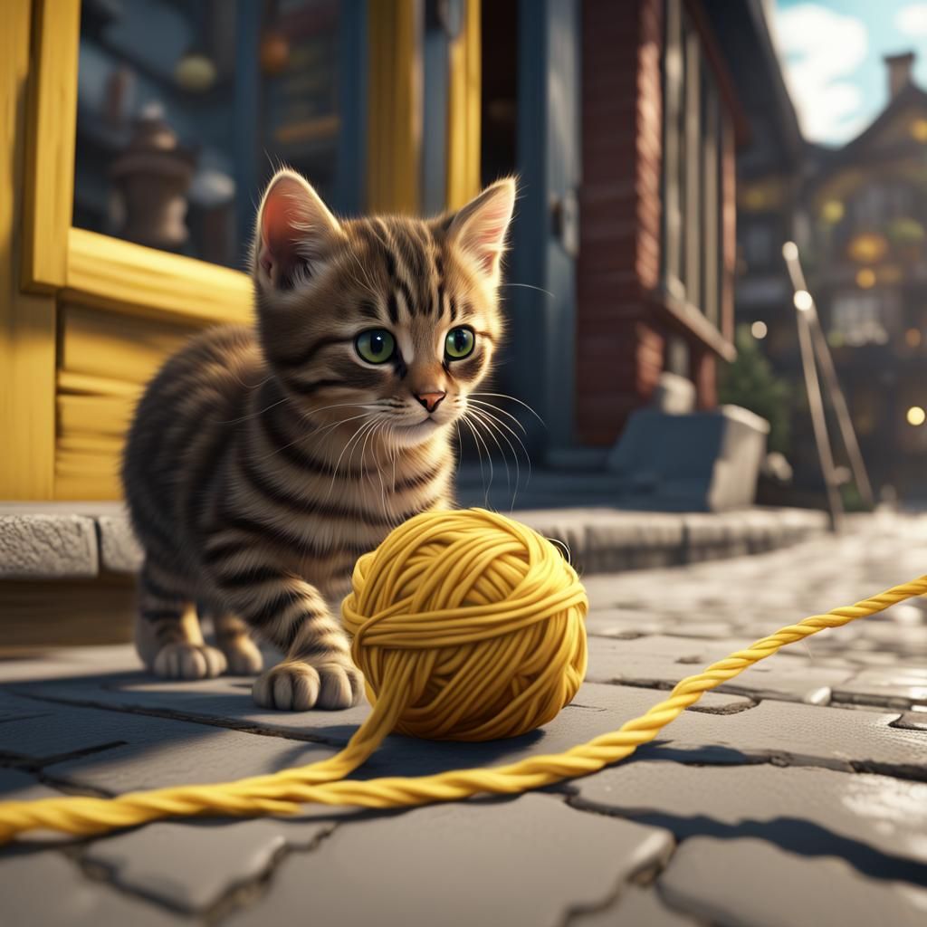 Tabby Kitten Plays with Yarn: Detailed Digital Painting