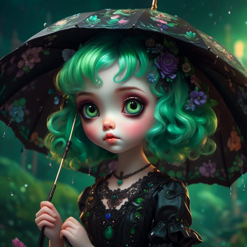 Green Haired Girl with Umbrella in Splash Art