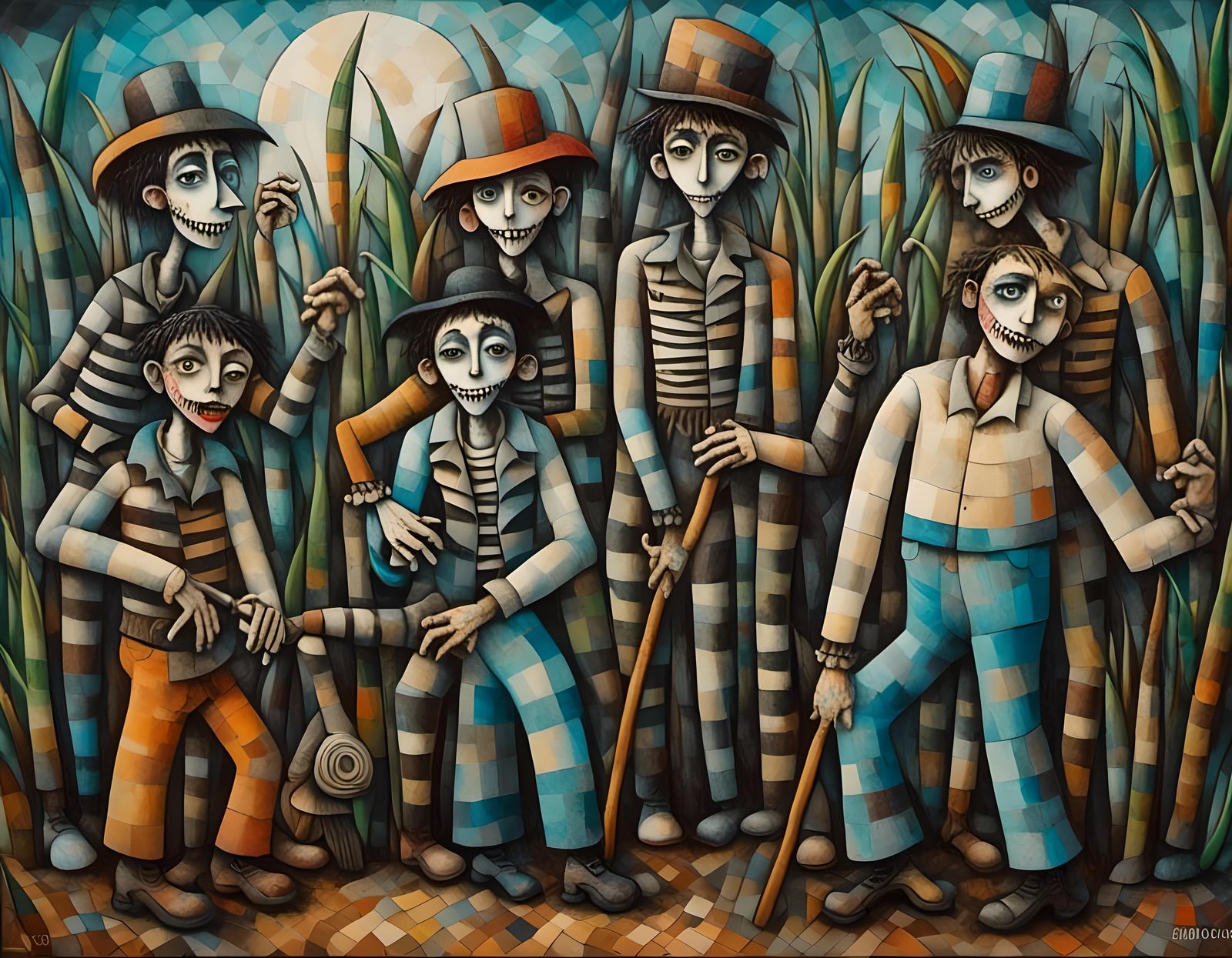 Cuban Farmers in Sugar Cane Field, Cubist Style