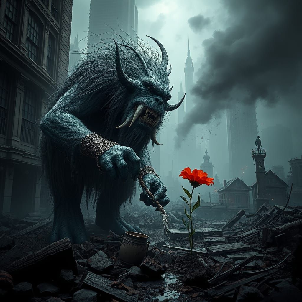 Troll Warrior Waters Flower in Ruined City