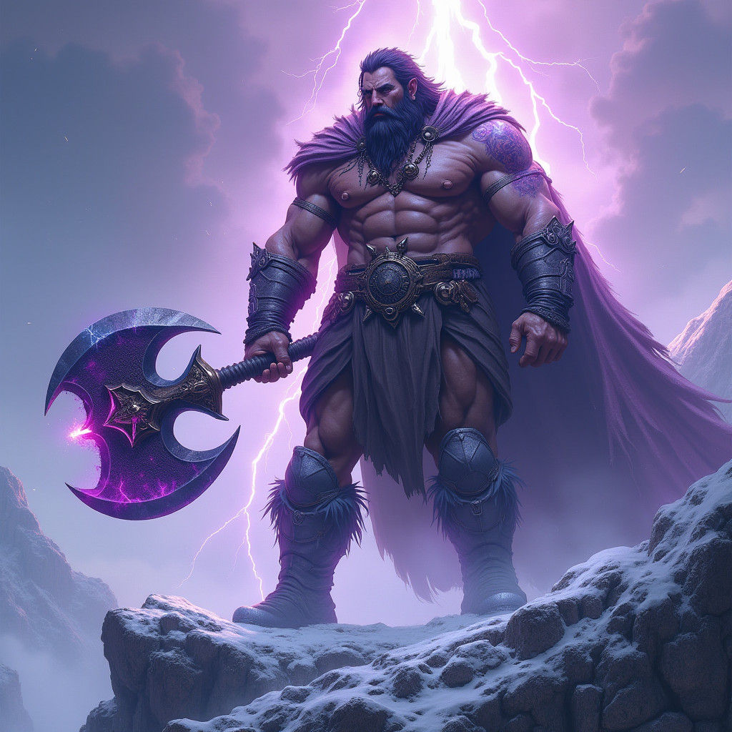 Barbarian Hero on Mountain with Magical Axe