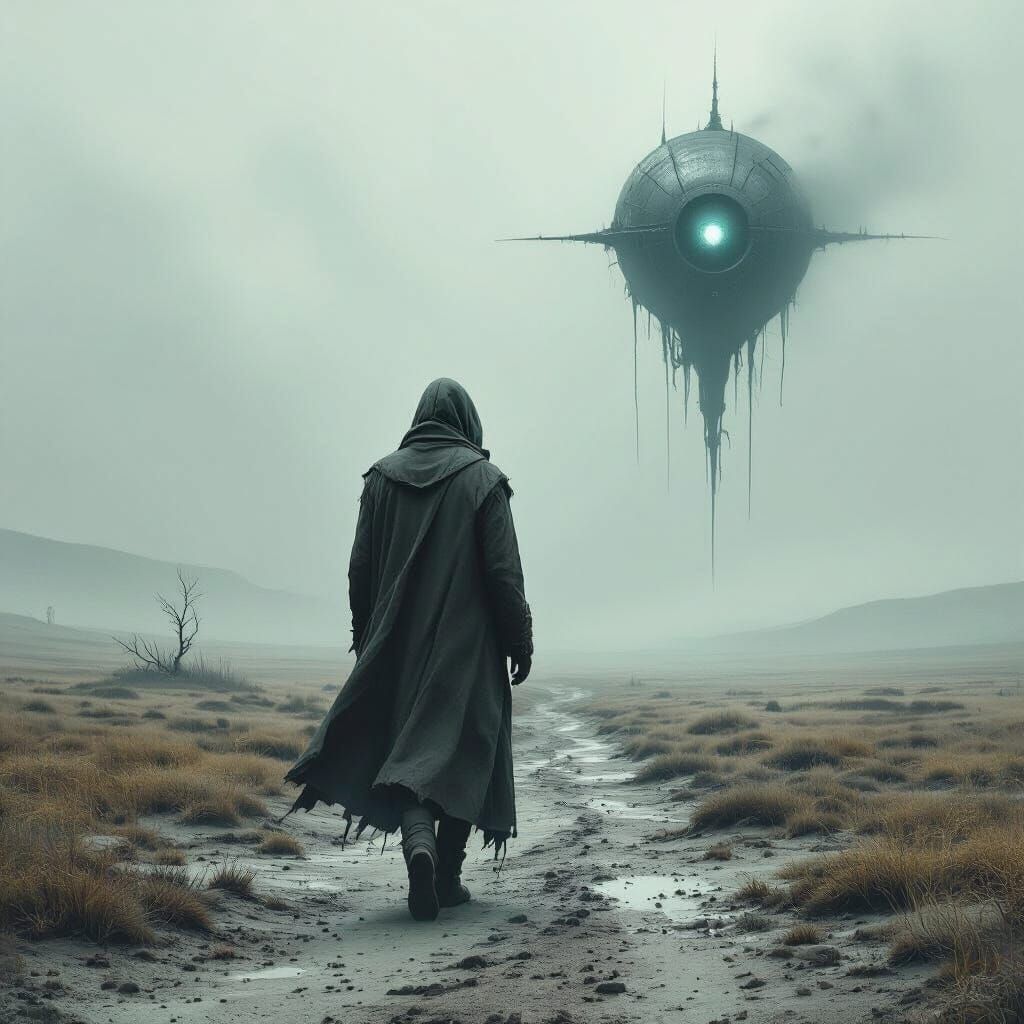 Eerie Figure Walks Dystopian Landscape, Metallic Echo