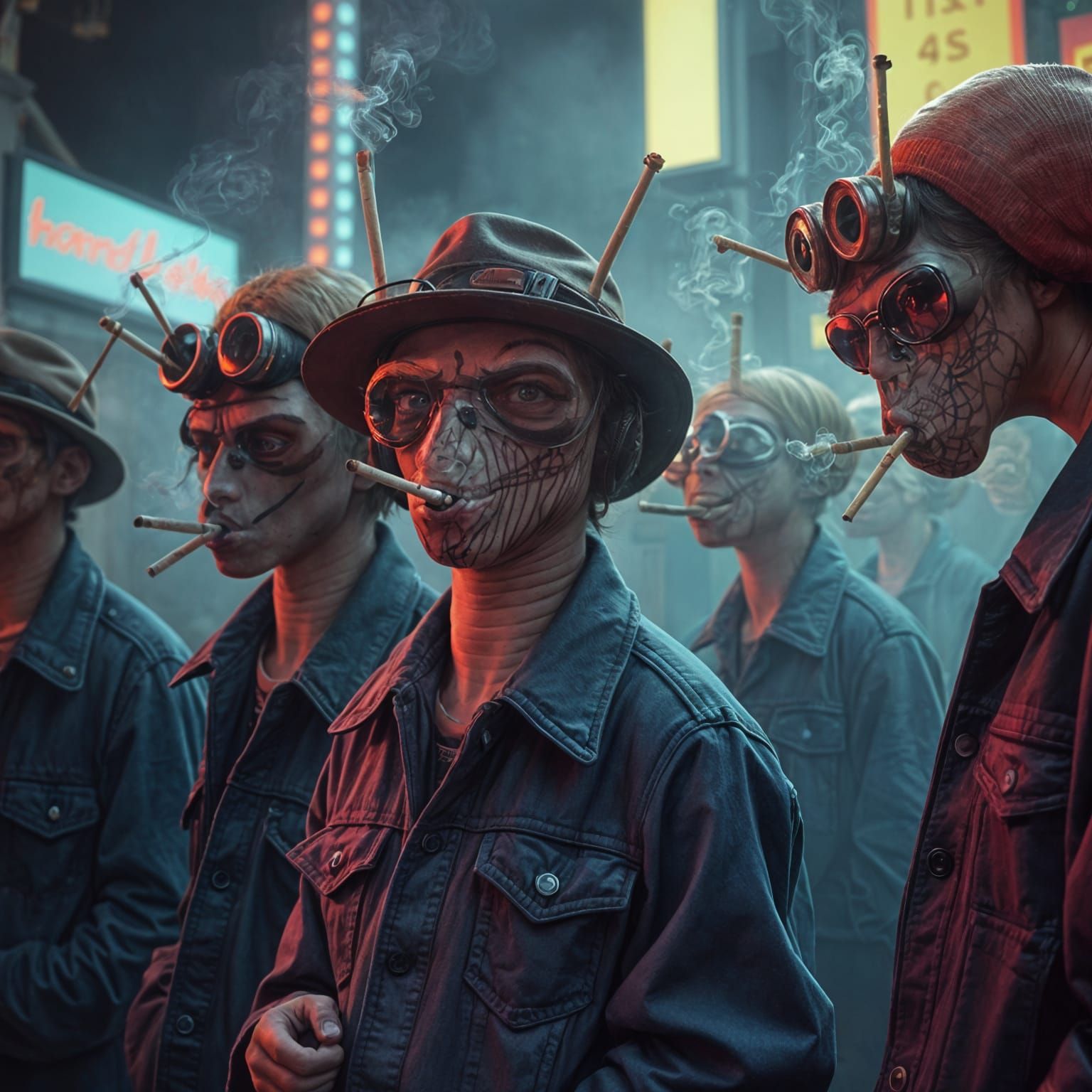 Snails Smoking in Neon Cityscape, Retro-Futurism Art