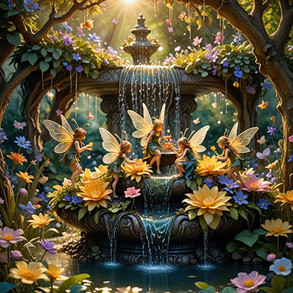 Fairies Play in Floral Fountain: Whimsical Fantasy Art