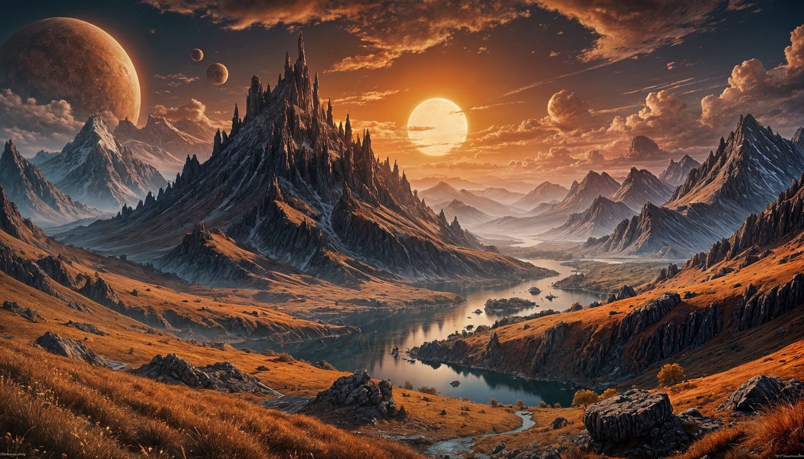 Surreal Sunset on a Red Planet Moorland Landscape