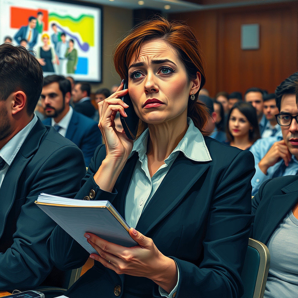 Stressed Businesswoman in Crowded Conference Room
