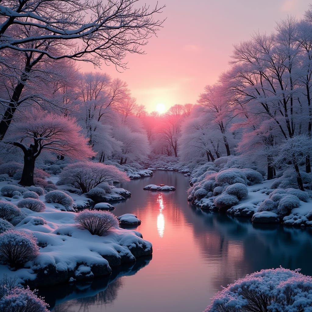 Winter Japanese Garden in Soft Pink Twilight