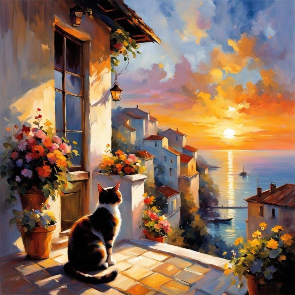 Cat on Balcony Overlooking Seaside Hamlet at Sunset