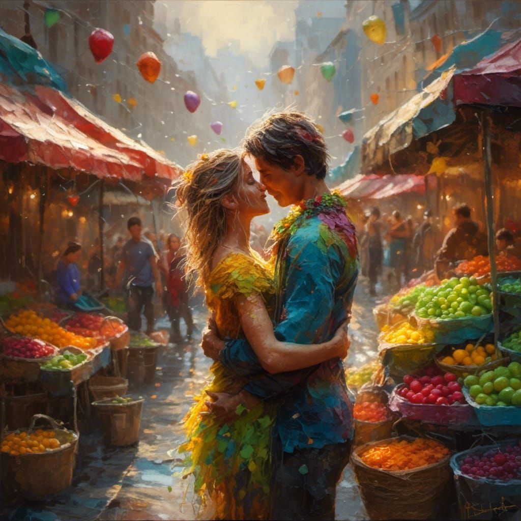 Triadic Color Oil Painting of Embracing Couple