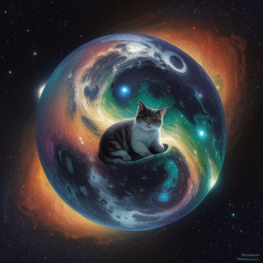 Dreamlike Cat on Crescent Moon in Cosmic Dust