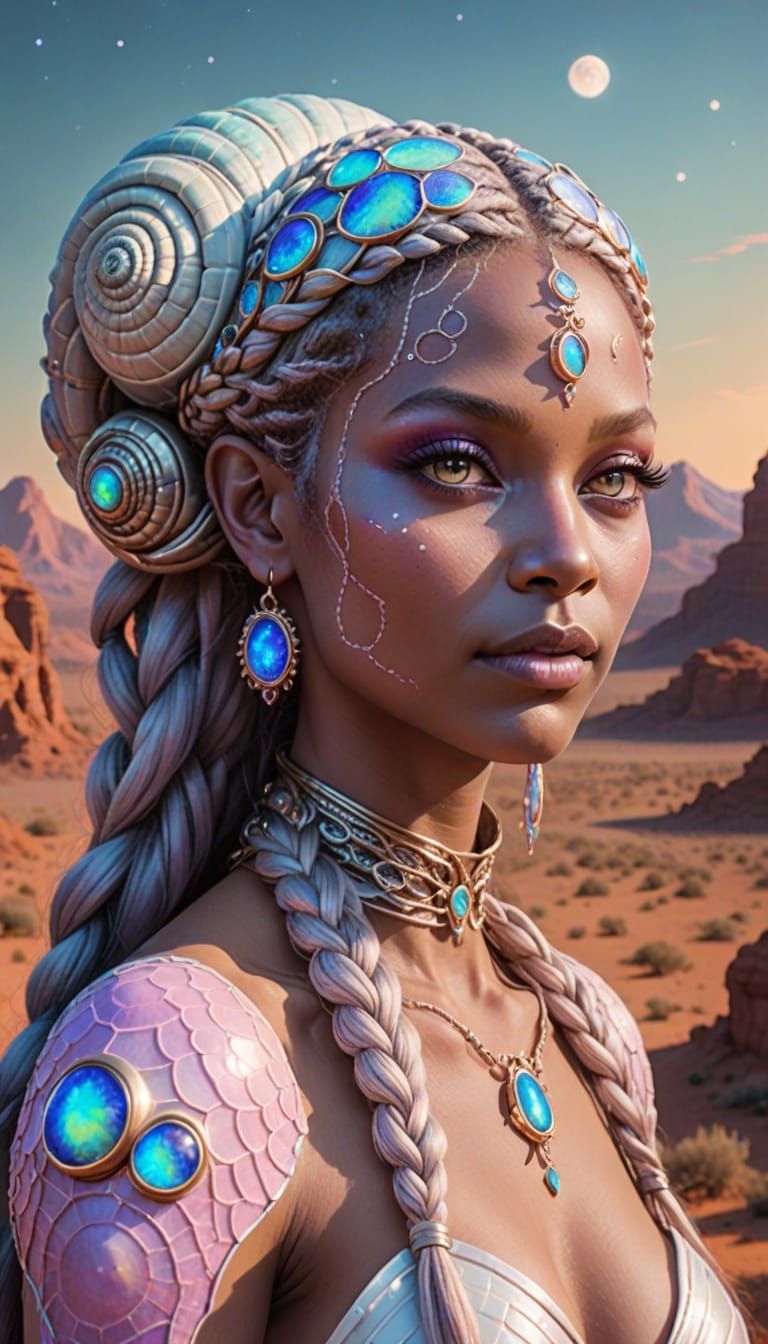 Opalescent Alien Woman with Snail Braids