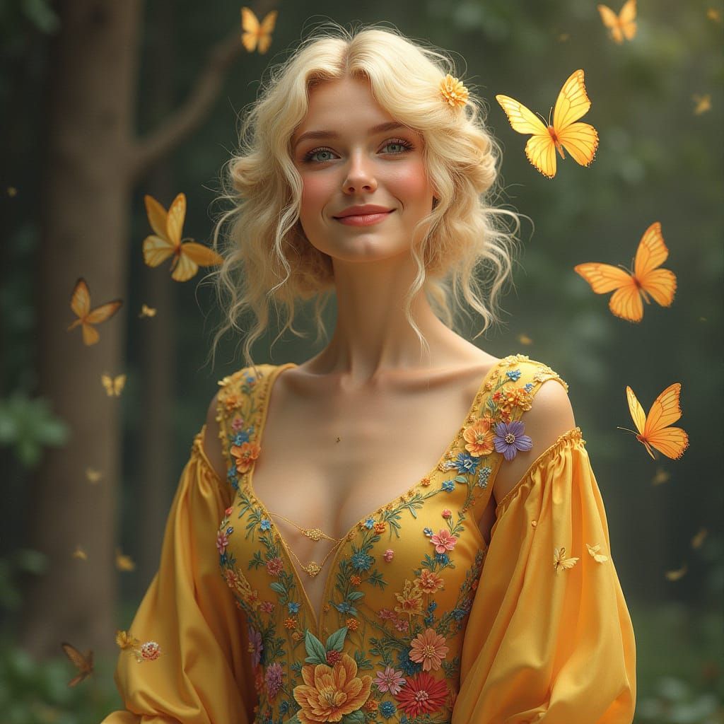 Blonde Woman with Butterflies in Art Nouveau Style