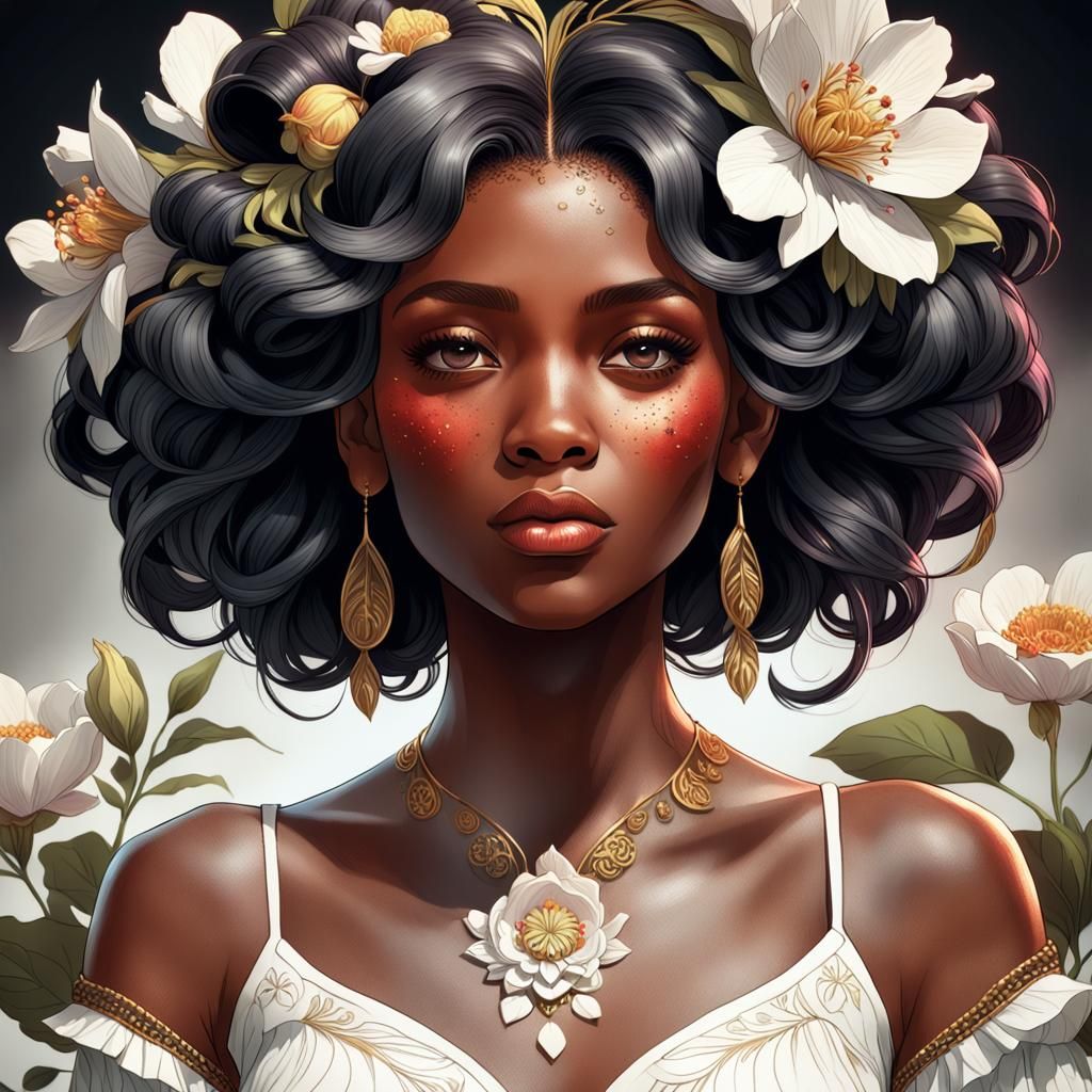 Beautiful Black Woman Portrait with Floral Hair