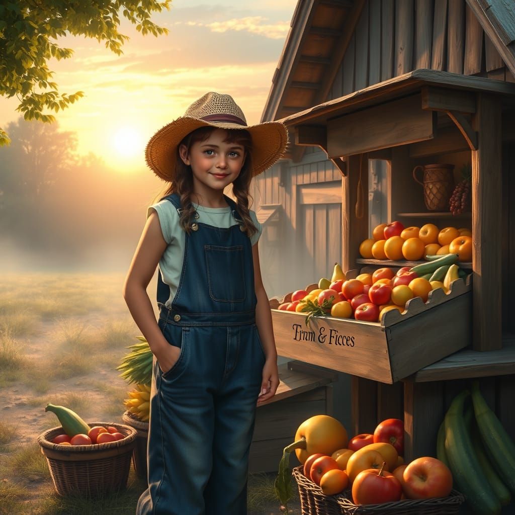 Farm Girl at Sunrise Fruit Stand