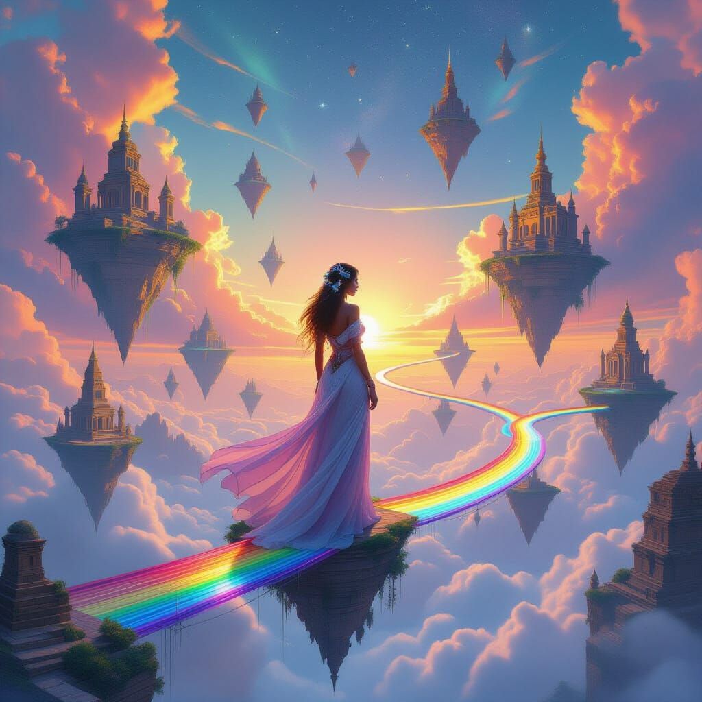 Surreal Woman Amidst Seven Wonders, Dreamlike Art