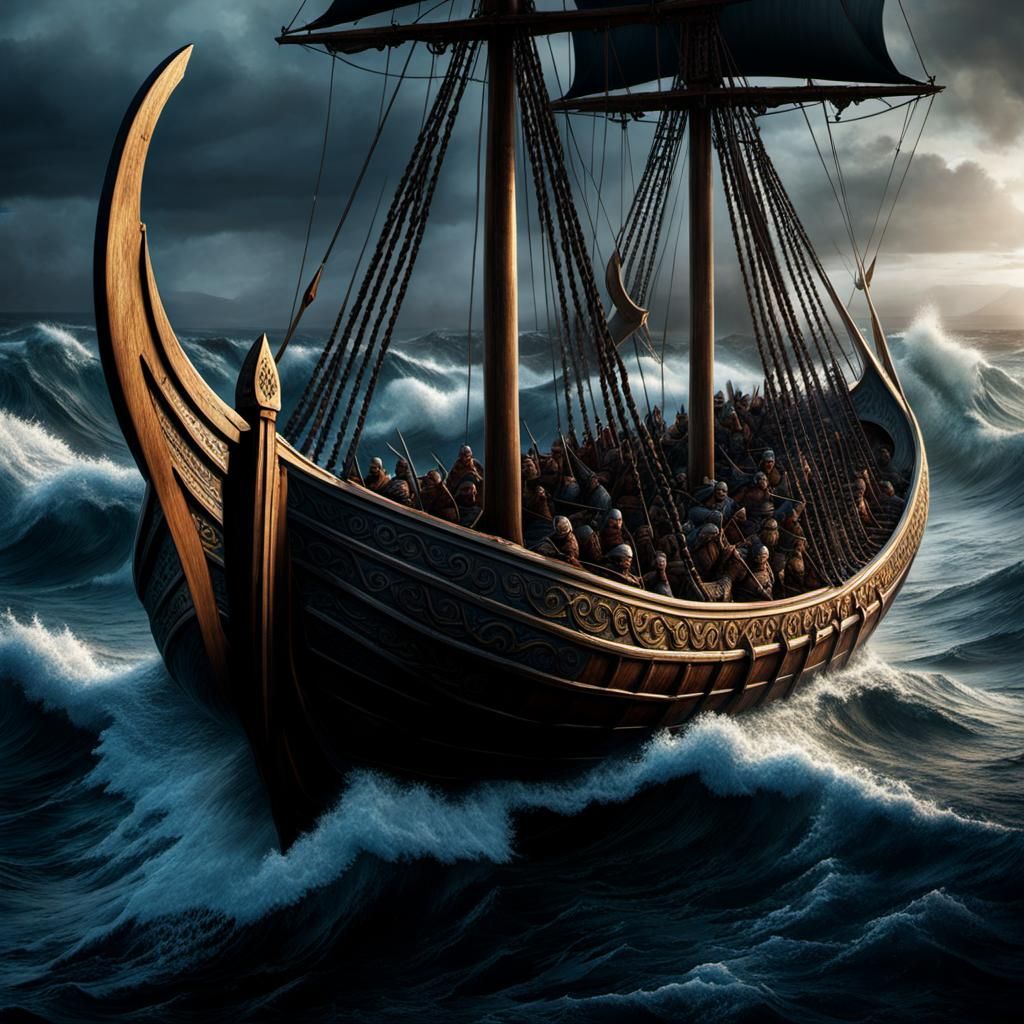 Viking long boats, full of warriors, battle the rough seas, ...