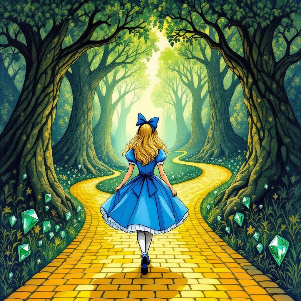 Alice on the Yellow Brick Road, Whimsical Illustration
