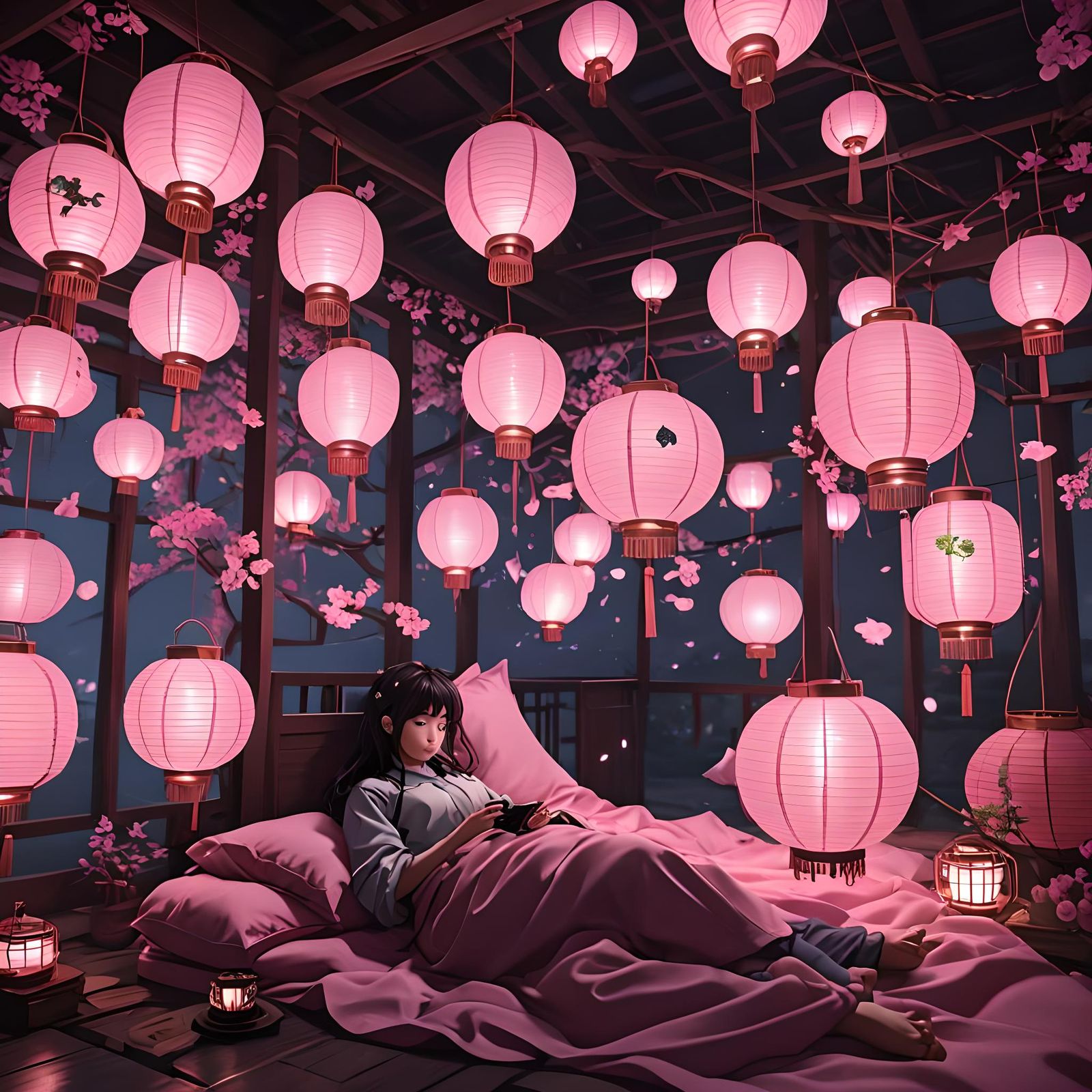 Anime Style Figure Sleeping Under Pink Light