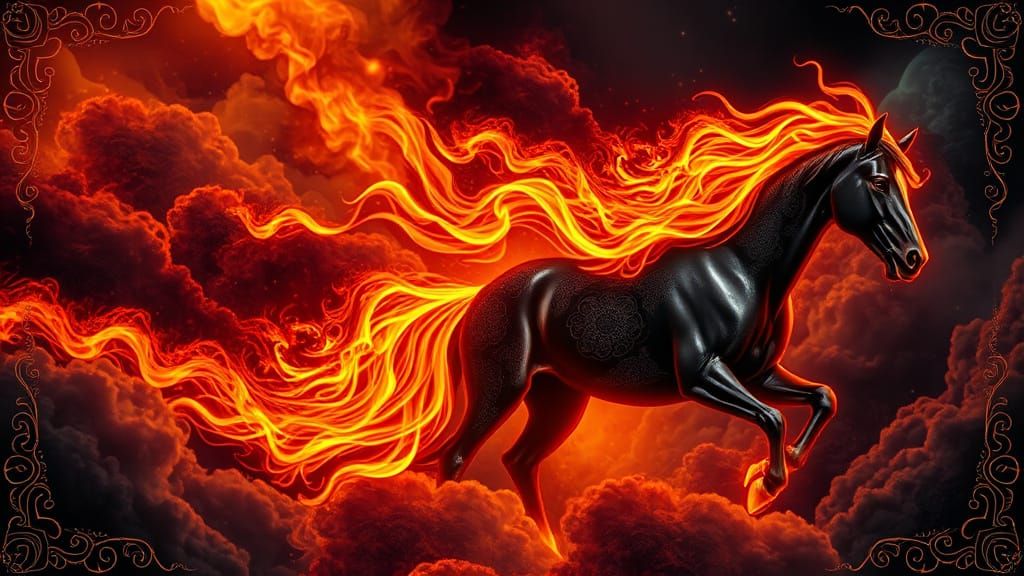 Epic Black Stallions in Psychedelic Fractal Landscape