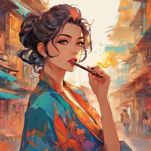 Modern Girl Smoking Cigar in Splash Art Style
