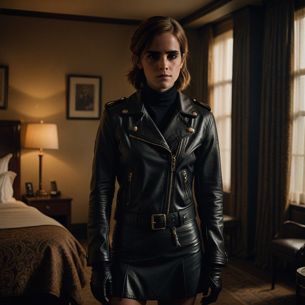 A full-body image of Emma Watson, arrogant, dressed in a strict black leather jacket,  black leather gloves, short skirt...