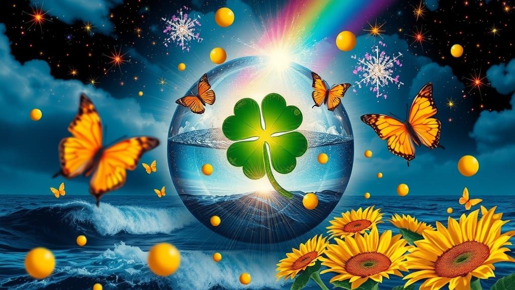 Vibrant Cosmic Surrealism with Four-Leaf Clover and Rainbows