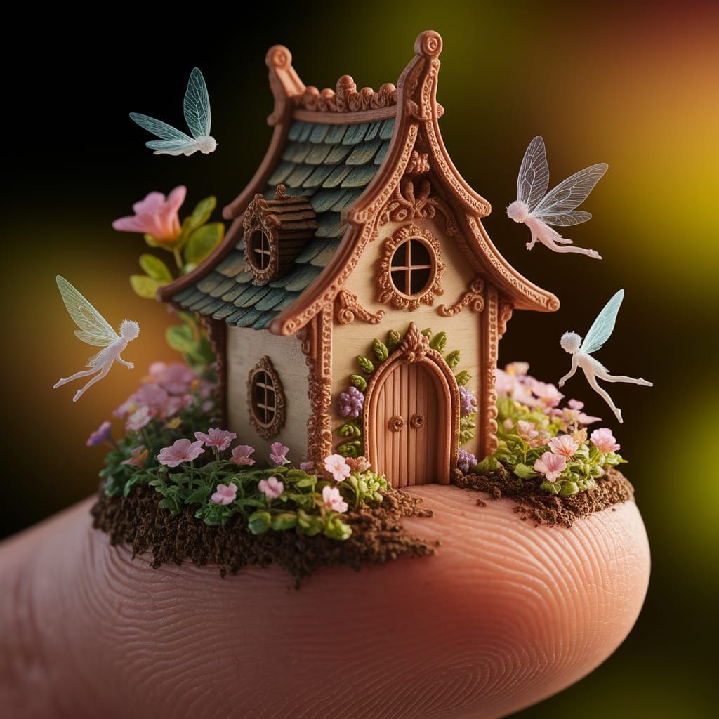 Intricate Fairy House on Finger in Lush Garden