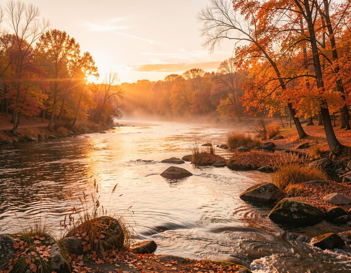 Cozy Autumn Glow by River Scene