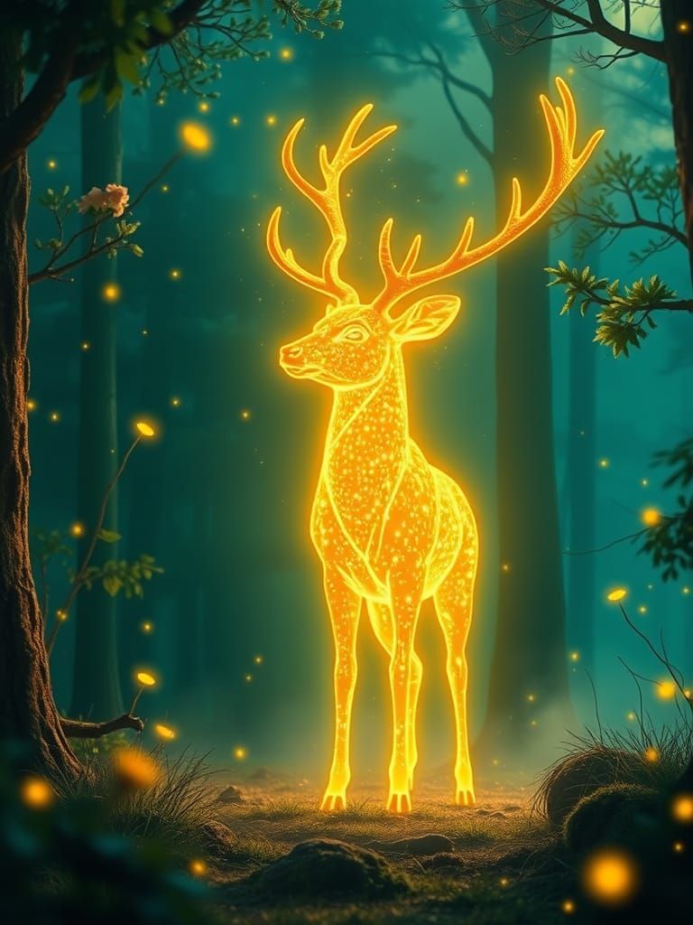 Radiant Golden Deer in Dreamlike Forest