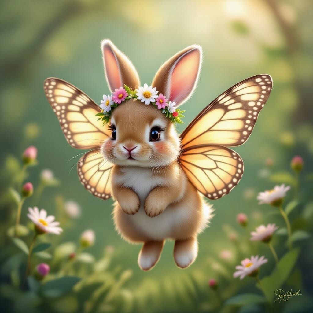 Butterfly-Winged Bunny Soaring with Flower Crown
