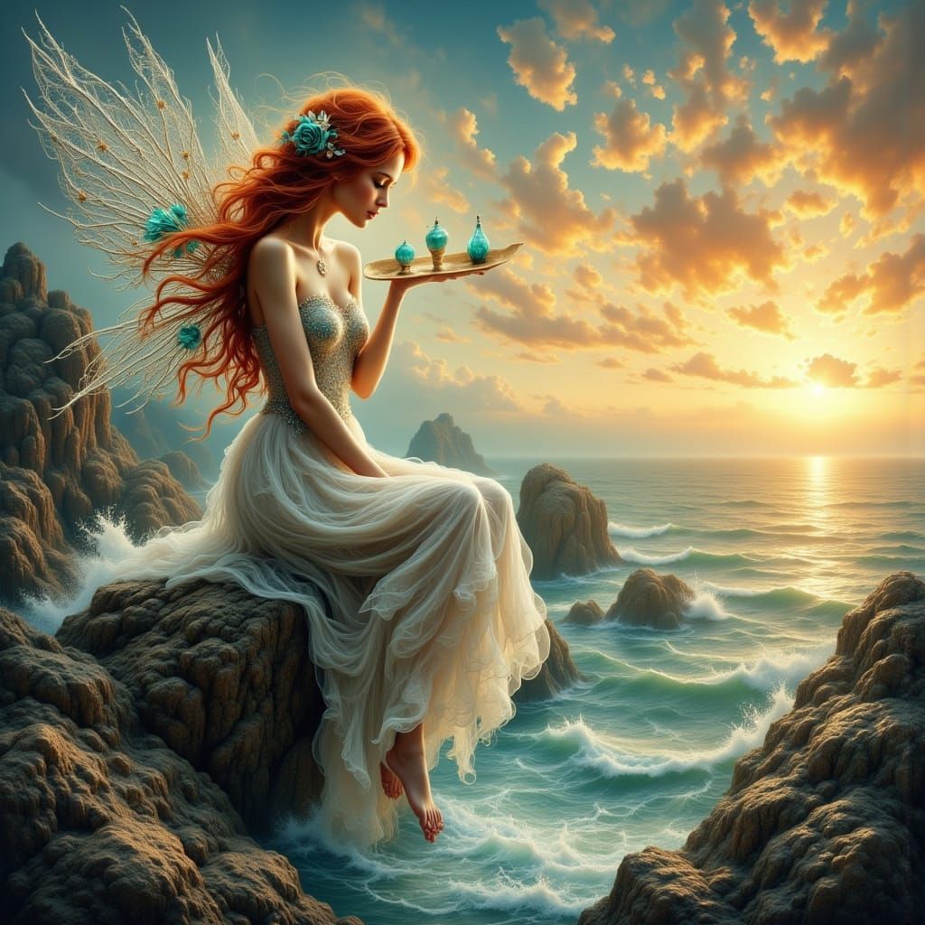 Redhead Fairy with Turquoise Corals and Silver Wings