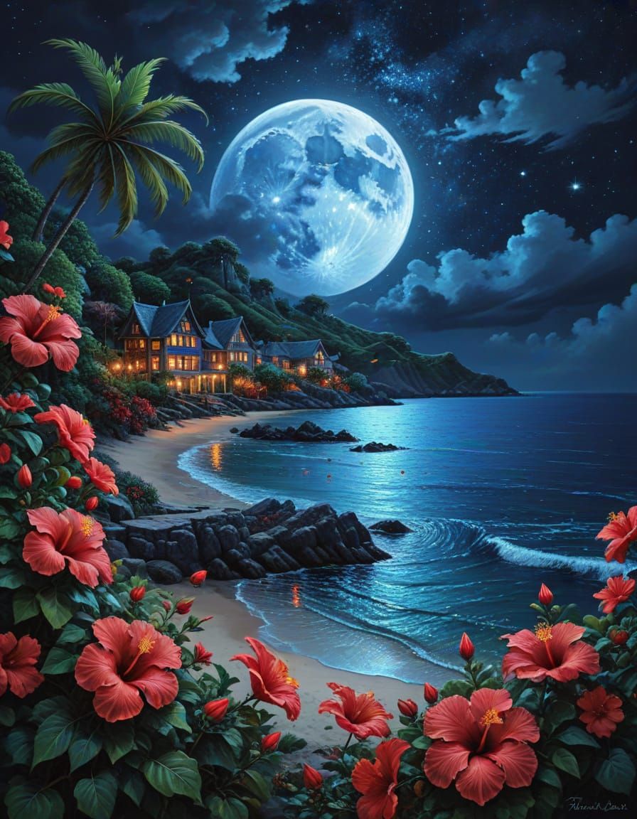 Hibiscus Flowers Under Moonlight: Maximalist Acrylic Paintin...