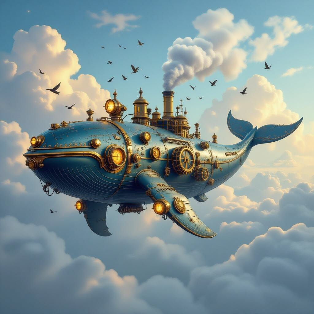 Steampunk Whale Soaring Through Cloudy Skies