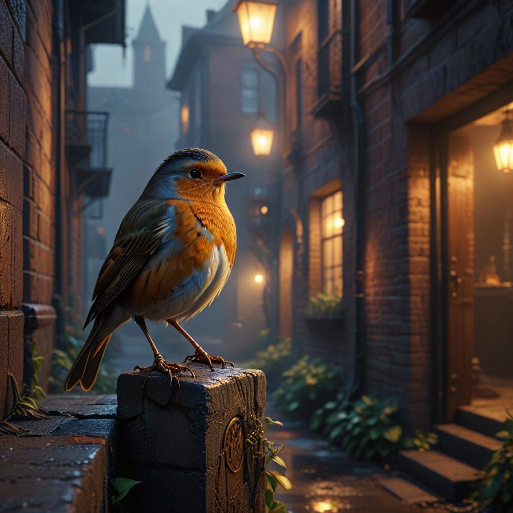 Proud Robin in Dark Alleyway: Hyperrealistic Concept Art