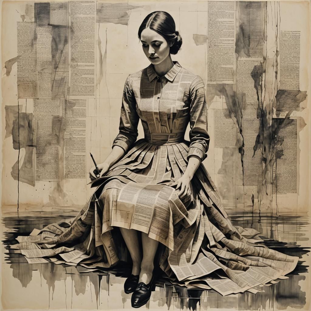 Surreal Woman in Book Page Dress Ink Reflection