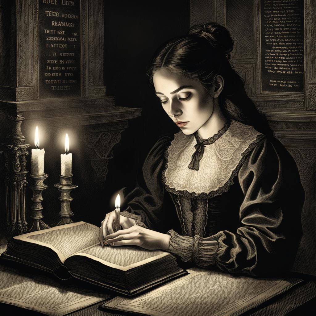 Girl Studying Anatomy by Candlelight: Doré Style