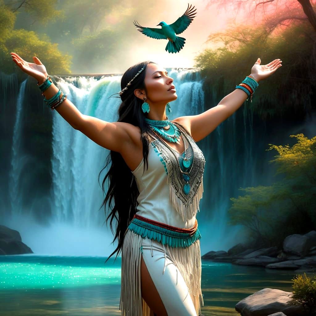 Native American Woman's Gratitude by Turquoise Waterfall
